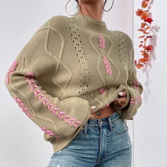 Tan Mockneck Lace-up Pointelle Knit Sweater Top - Picture 4 of 6